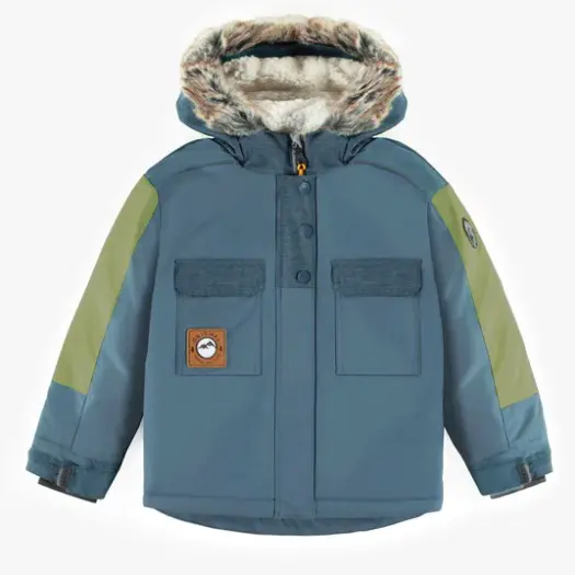 Blue And Green Two-Piece Snowsuit With Fur Hood, Child