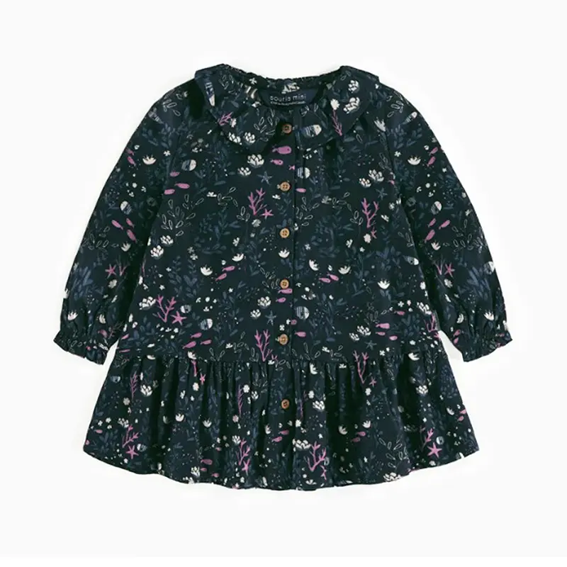 Navy Dress With Seabed Illustrations In Viscose, Baby