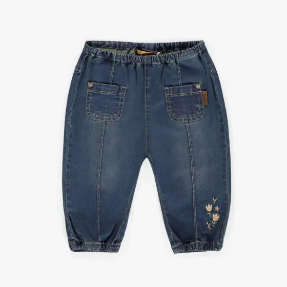 Pants in Relaxed Fit in Light Denim With Flower Embroidery, Baby