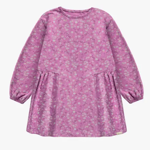 Purple Flowery Dress Of Flared Fit And Long Sleeves In Jersey, Child