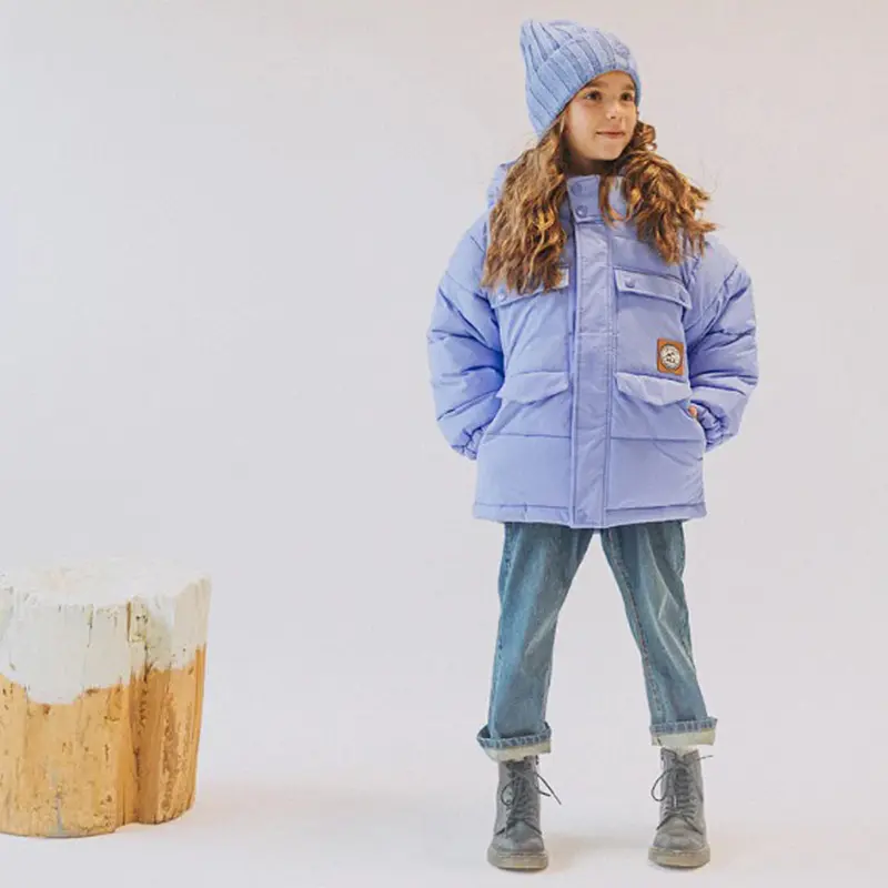 Purple Puffer Coat With High Collar And Hood In Nylon, Baby