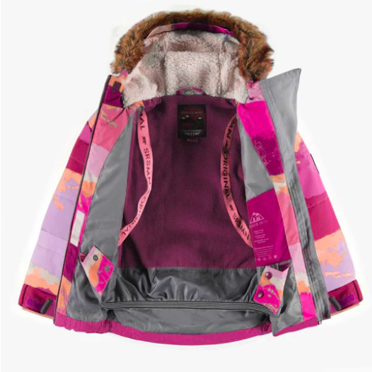 Two-Piece Fuchsia Pink And Lilac Snowsuit With A Print And Faux Fur Hood, Child