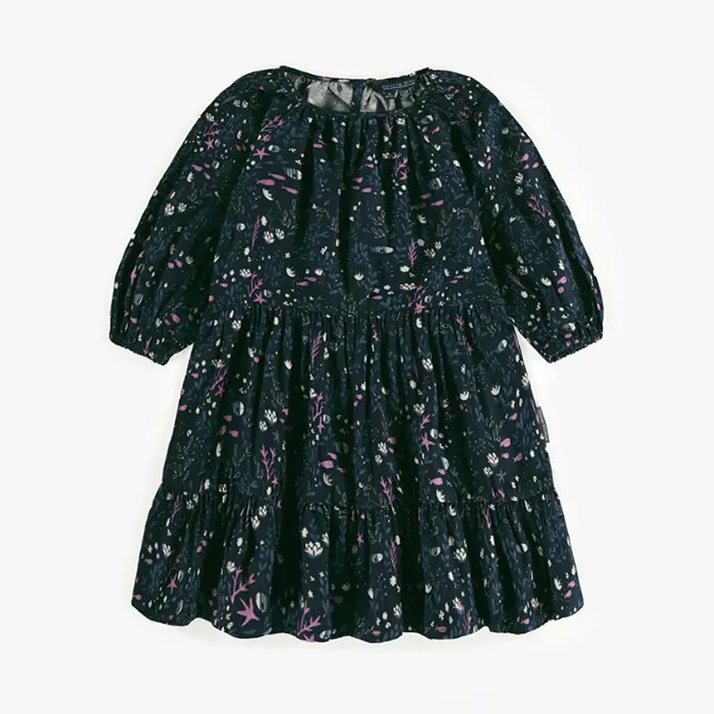 Navy Dress With Seabed Print In Viscose, Child