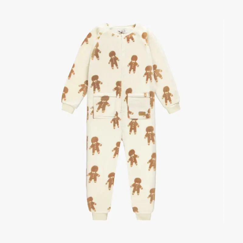 Cream One-Piece Pajama With An All Over Print Of Gingermen In Soft Fleece, Child