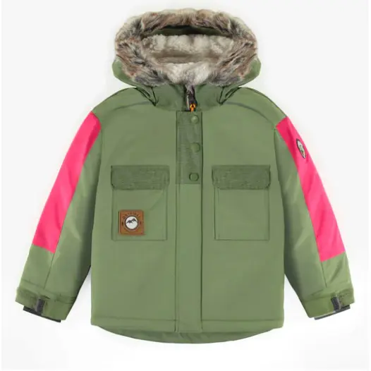 Two-Piece Green and Fushia Pink Snowsuit With Fur Hood, Child