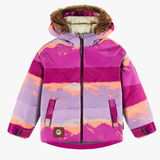 Two-Piece Fuchsia Pink And Lilac Snowsuit With A Print And Faux Fur Hood, Child