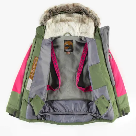 Two-Piece Green and Fushia Pink Snowsuit With Fur Hood, Child