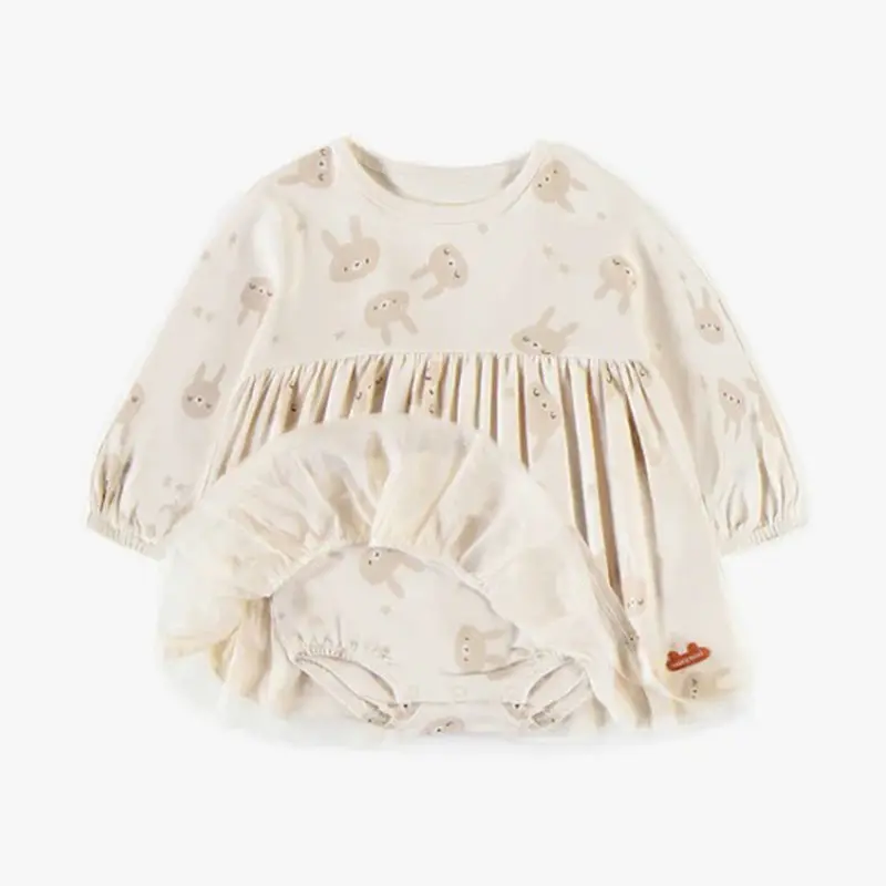 Cream Bodysuit Dress In Organic Cotton, Newborn