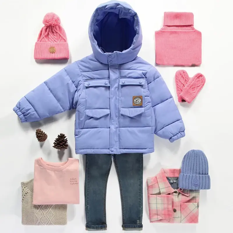 Purple Puffer Coat With High Collar And Hood In Nylon, Baby