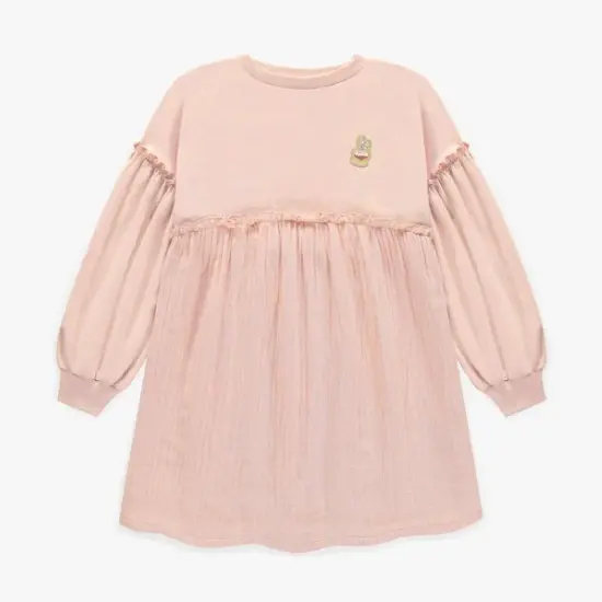 Pink Long Sleeved Dress In French Terry And Muslin, Child