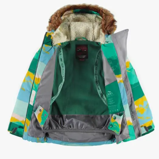 Green and Yellow Snowsuit With a Print and Faux Fur Hood, Child