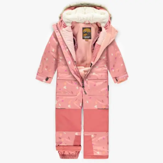 One-Piece Light Pink Snowsuit With A Print and Faux Fur Hood, Child