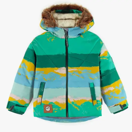 Green and Yellow Snowsuit With a Print and Faux Fur Hood, Child